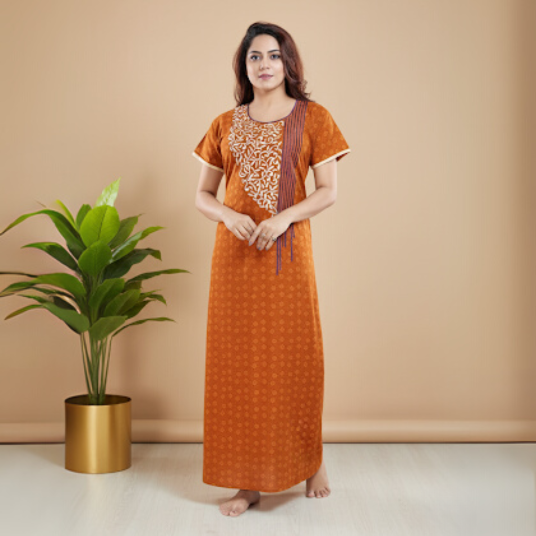 Zairra Women’s Embroidered Cotton Maxi Nightgown – Rust Orange Ethnic Charm