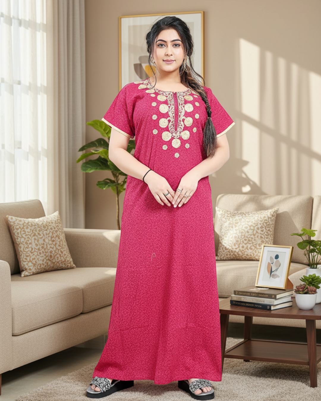 Zairra Printed Cotton Zipper Nightdress for Women – Dark Rose Pink with Golden Embroidery