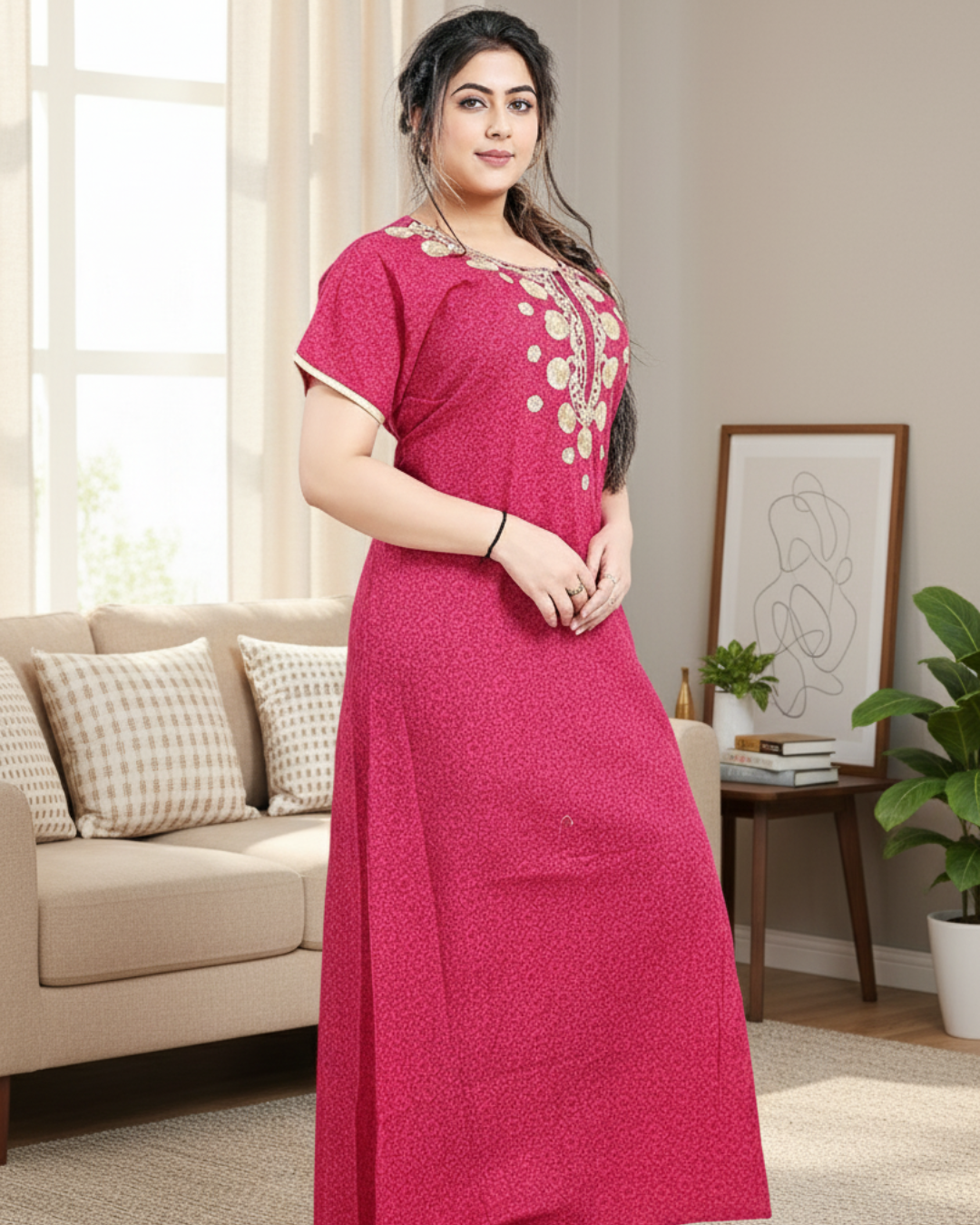 Zairra Printed Cotton Zipper Nightdress for Women – Dark Rose Pink with Golden Embroidery