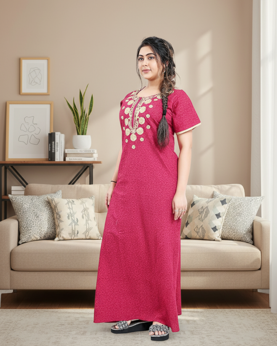 Zairra Printed Cotton Zipper Nightdress for Women – Dark Rose Pink with Golden Embroidery
