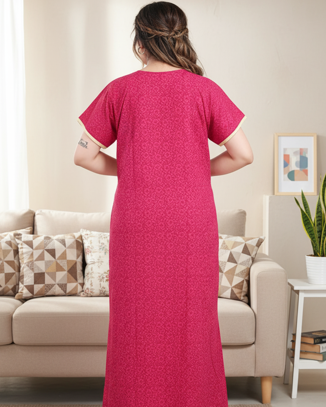 Zairra Printed Cotton Zipper Nightdress for Women – Dark Rose Pink with Golden Embroidery
