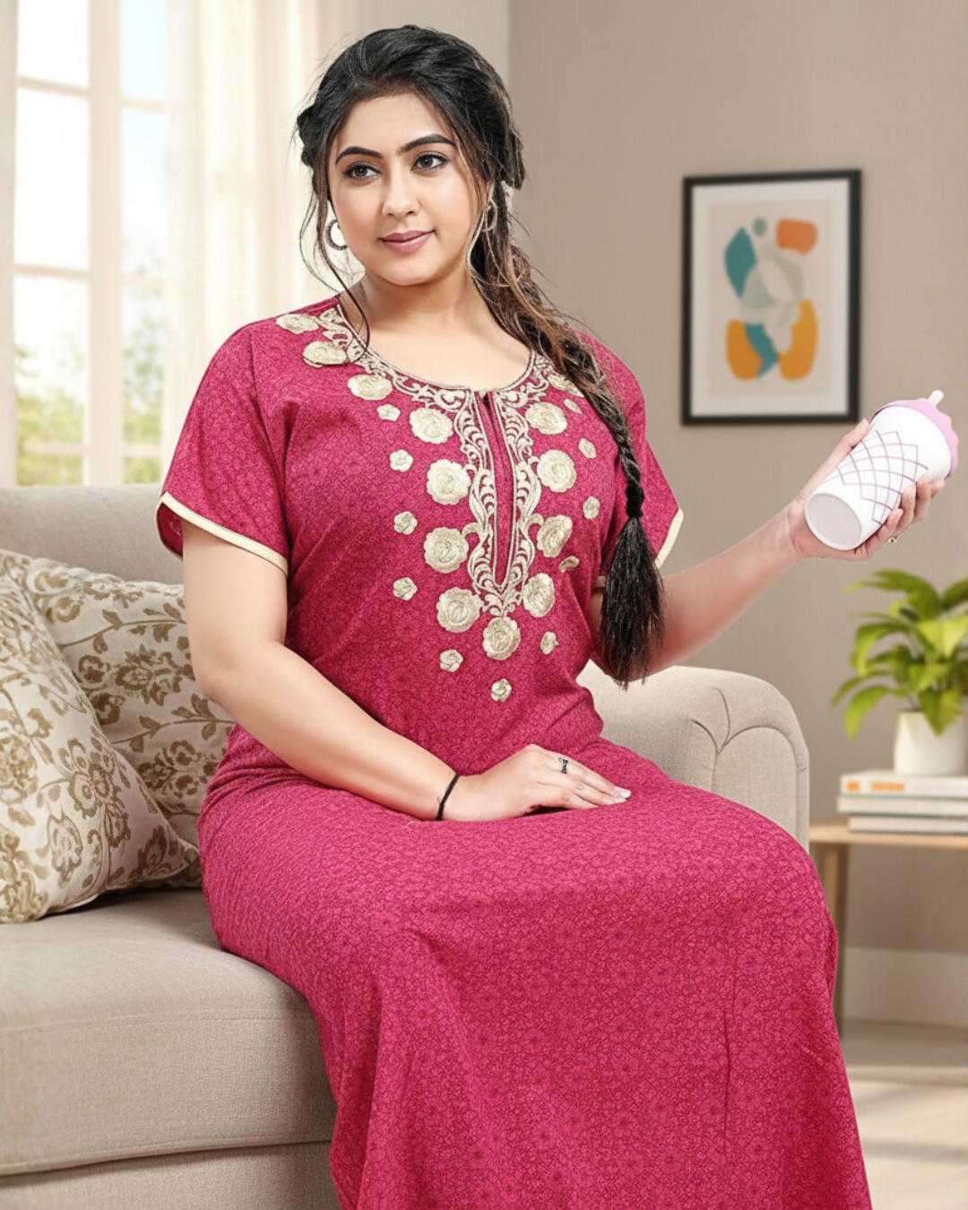 Zairra Printed Cotton Zipper Nightdress for Women – Dark Rose Pink with Golden Embroidery