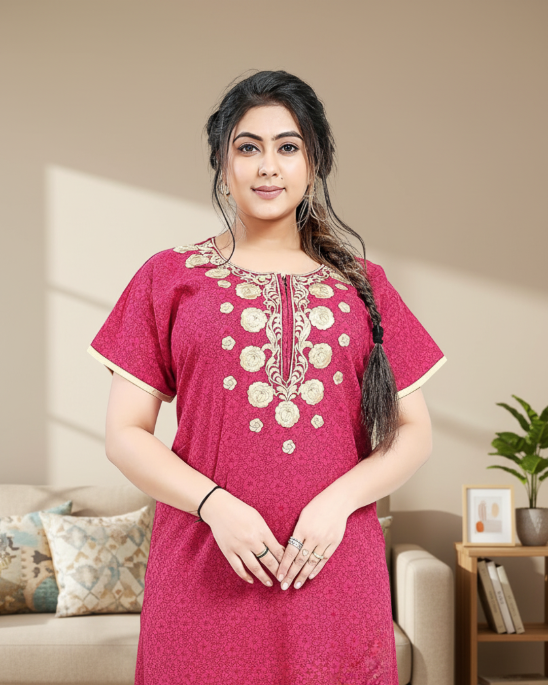 Zairra Printed Cotton Zipper Nightdress for Women – Dark Rose Pink with Golden Embroidery