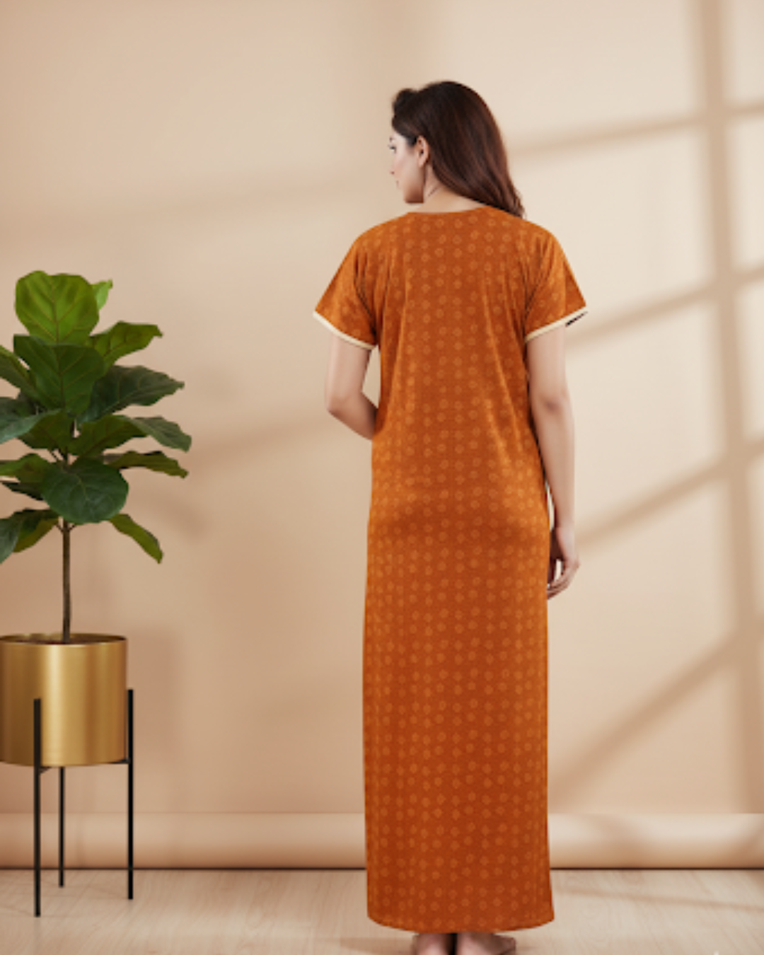 Zairra Women’s Embroidered Cotton Maxi Nightgown – Rust Orange Ethnic Charm