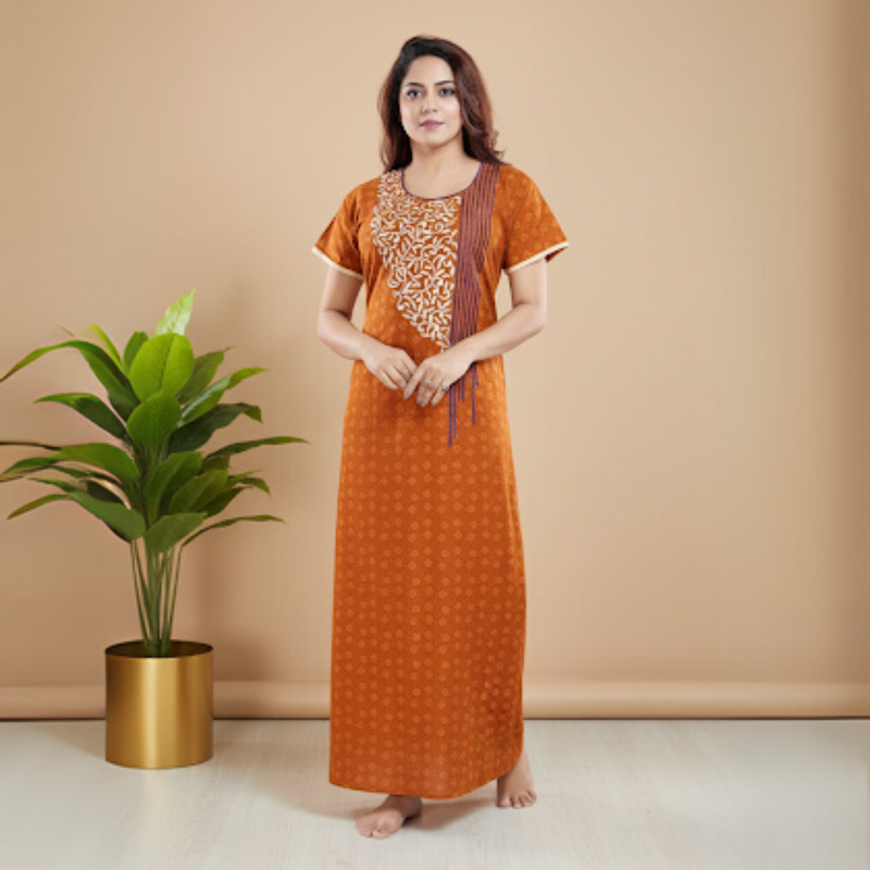 Zairra Women’s Embroidered Cotton Maxi Nightgown – Rust Orange Ethnic Charm