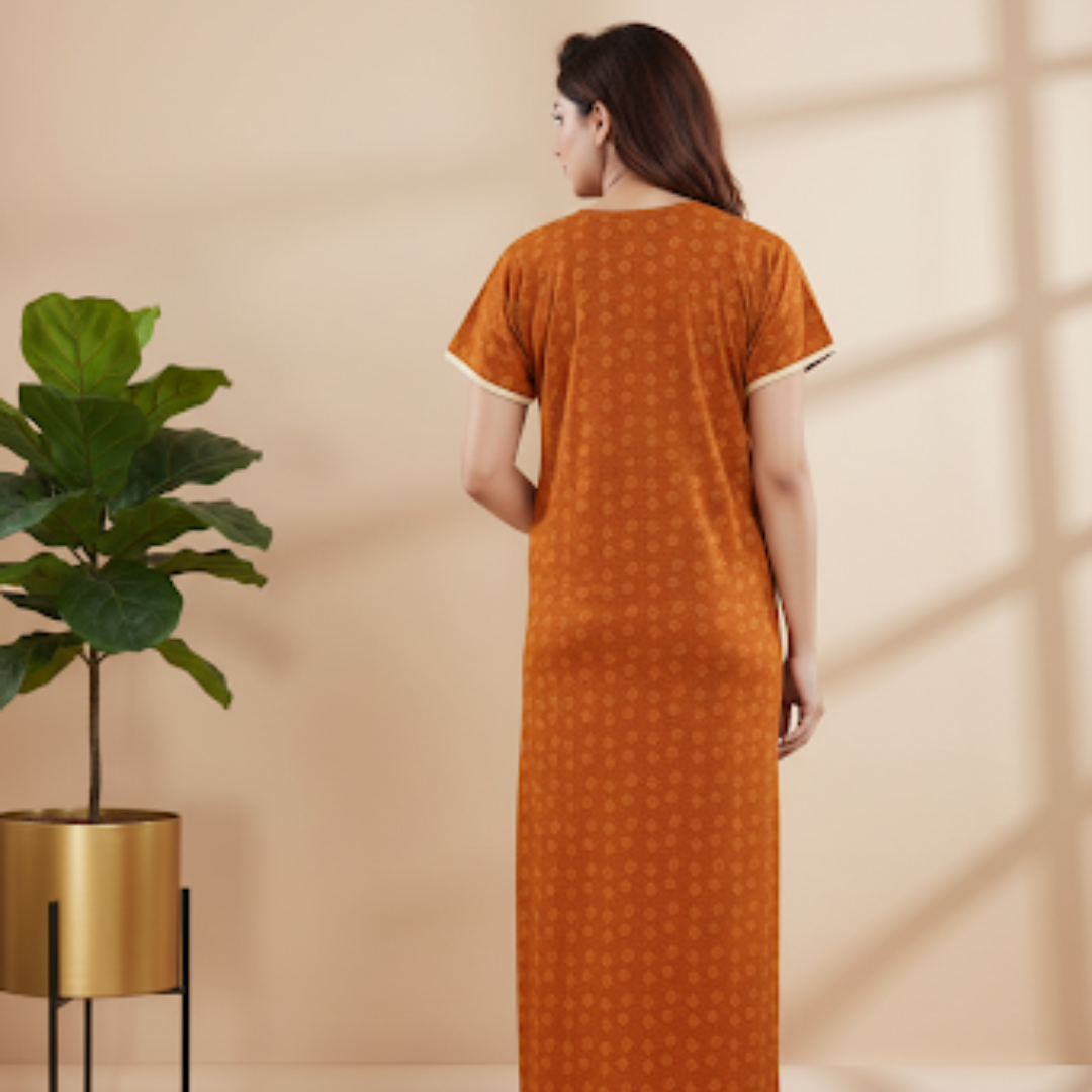 Zairra Women’s Embroidered Cotton Maxi Nightgown – Rust Orange Ethnic Charm