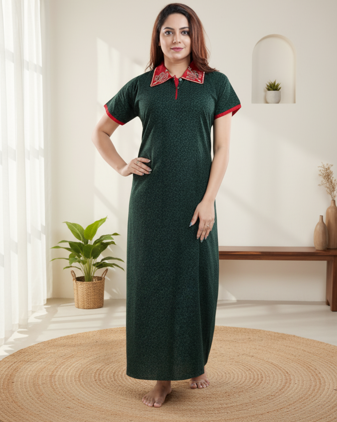 Zairra Embroidered Cotton Full-Length Nightgown for Women – Bottle Green with Red Collar Neck, Free Size