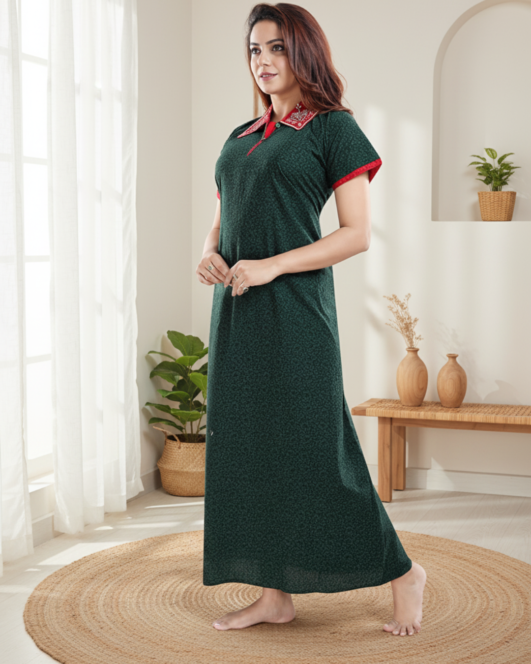 Zairra Embroidered Cotton Full-Length Nightgown for Women – Bottle Green with Red Collar Neck, Free Size