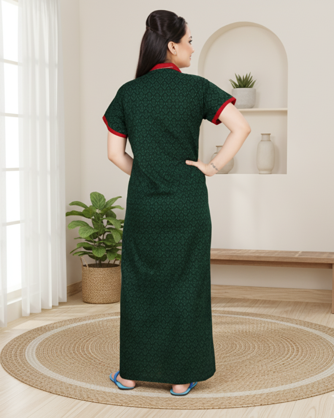 Zairra Embroidered Cotton Full-Length Nightgown for Women – Bottle Green with Red Collar Neck, Free Size