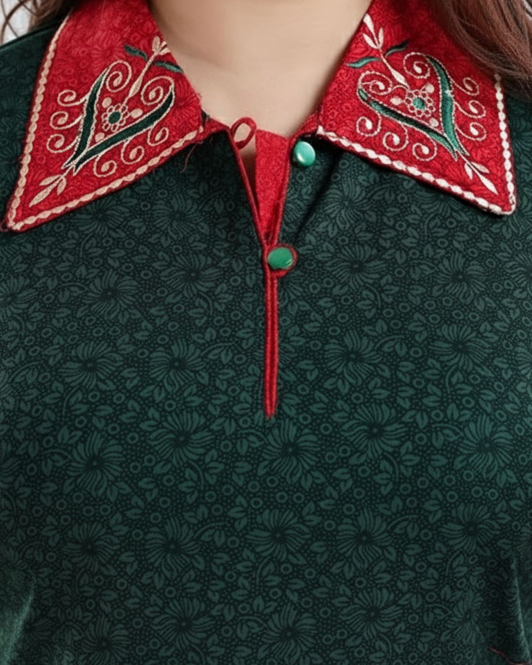 Zairra Embroidered Cotton Full-Length Nightgown for Women – Bottle Green with Red Collar Neck, Free Size