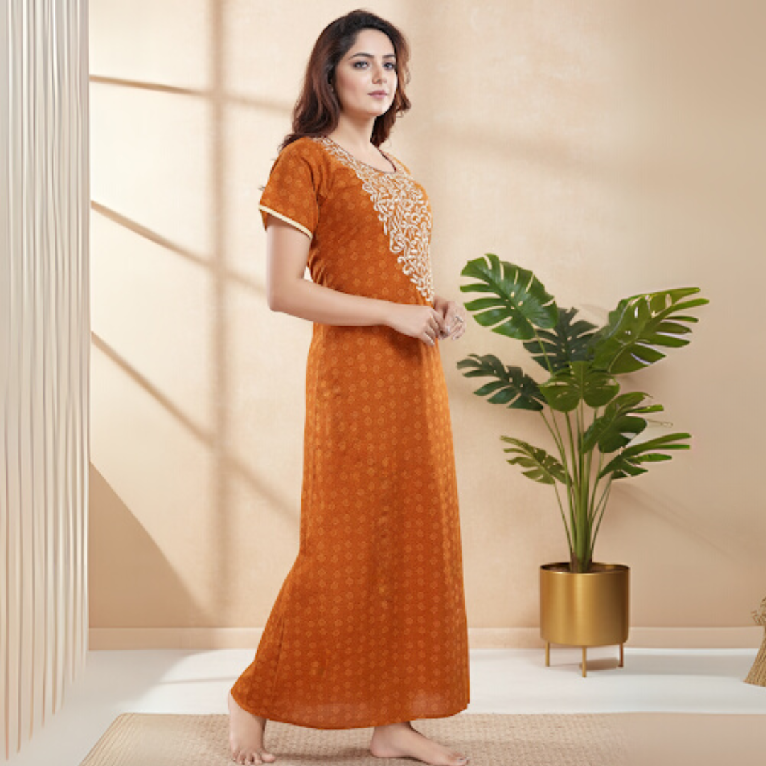 Zairra Women’s Embroidered Cotton Maxi Nightgown – Rust Orange Ethnic Charm