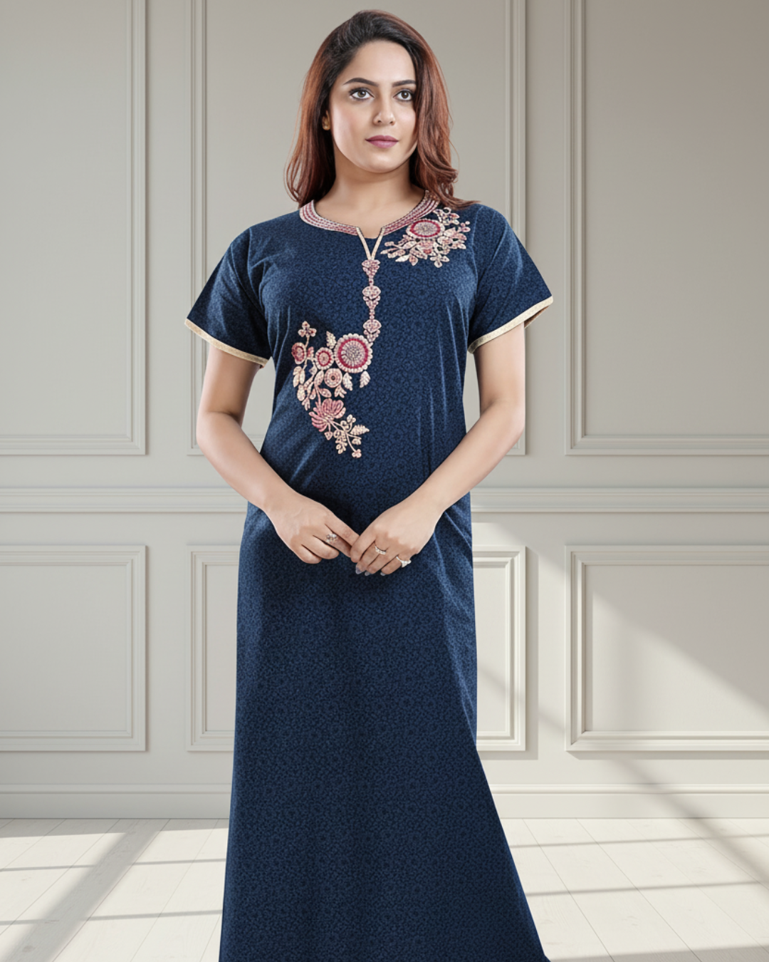 Zairra Embroidered Cotton Full-Length Maxi Nighty for Women – Navy Blue with Floral Embroidery, Free Size