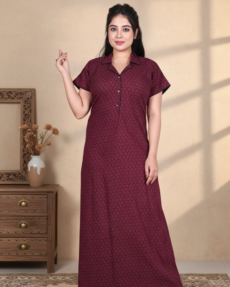 Zairra Stylish Cotton Nightwear for Women and Girls – Maroon with Shirt Collar Design