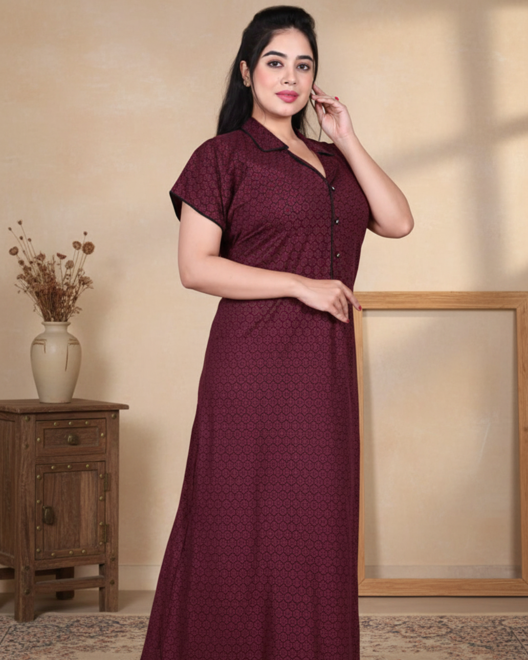 Zairra Stylish Cotton Nightwear for Women and Girls – Maroon with Shirt Collar Design