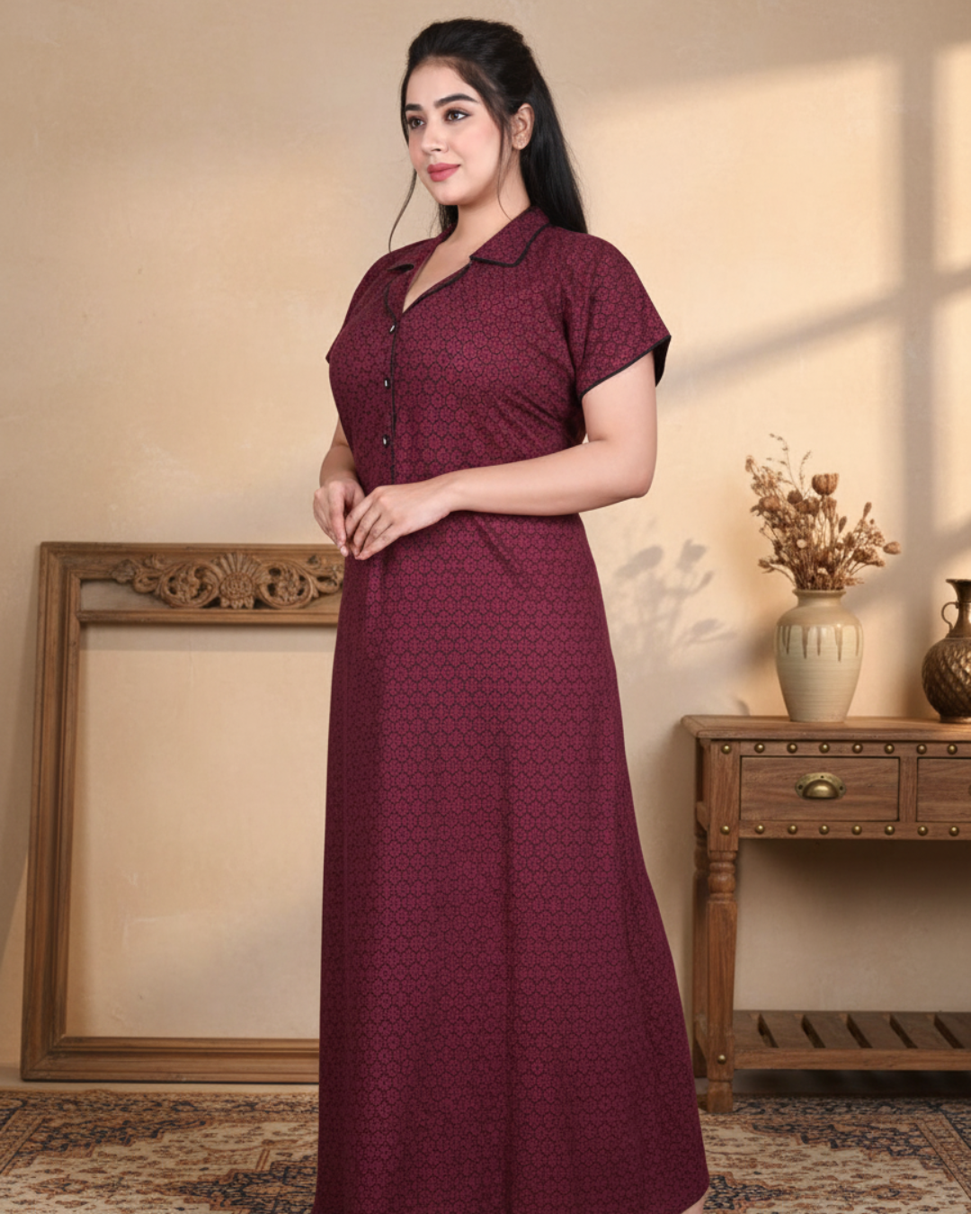 Zairra Stylish Cotton Nightwear for Women and Girls – Maroon with Shirt Collar Design