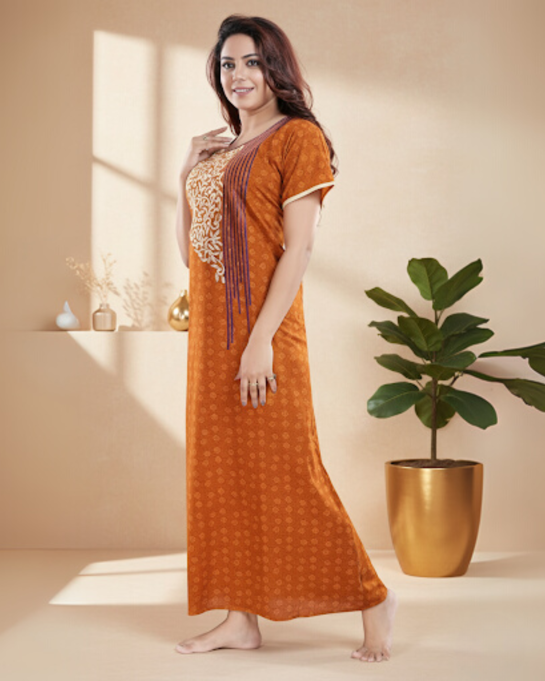 Zairra Women’s Embroidered Cotton Maxi Nightgown – Rust Orange Ethnic Charm
