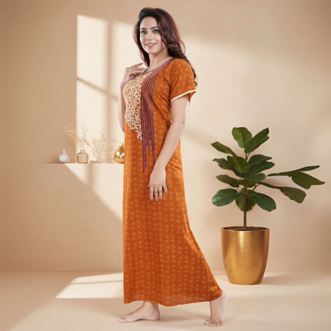 Zairra Women’s Embroidered Cotton Maxi Nightgown – Rust Orange Ethnic Charm