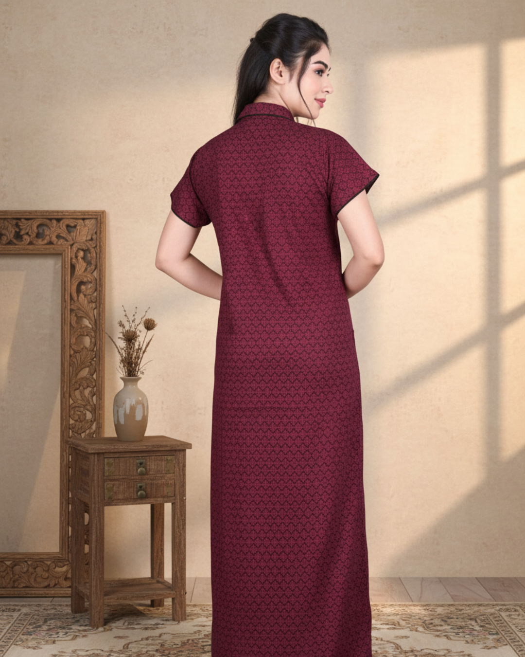Zairra Stylish Cotton Nightwear for Women and Girls – Maroon with Shirt Collar Design