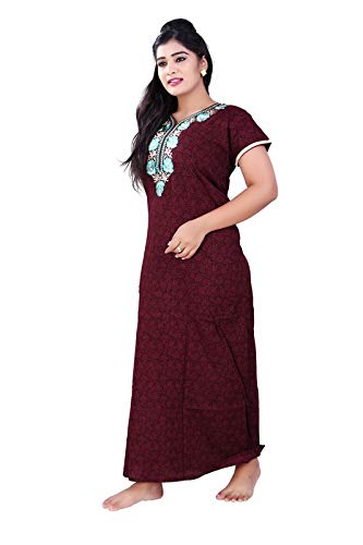 Zairra Printed Cotton Full-Length Nightgown for Women – Maroon with Teal Printed Yoke