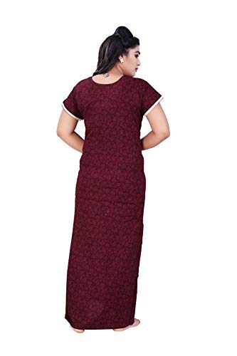 Zairra Printed Cotton Full-Length Nightgown for Women – Maroon with Teal Printed Yoke