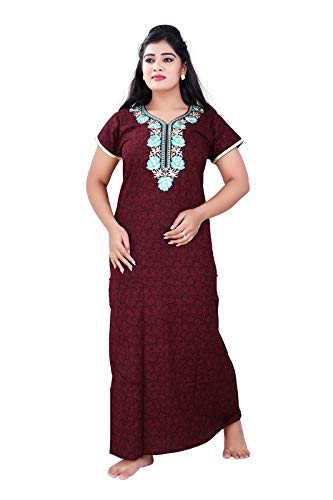Zairra Printed Cotton Full-Length Nightgown for Women – Maroon with Teal Printed Yoke