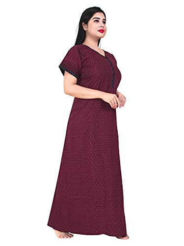 Zairra Women’s Printed Cotton Maxi Nightgown – Mehroon with Front Zipper (Free Size)