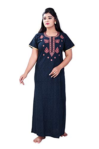 Zairra Women’s Printed Cotton Maxi Nighty – Deep Blue with Traditional Yoke Print