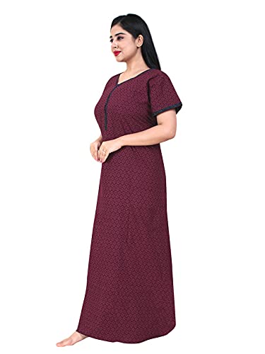 Zairra Women’s Printed Cotton Maxi Nightgown – Mehroon with Front Zipper (Free Size)