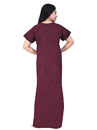 Zairra Women’s Printed Cotton Maxi Nightgown – Mehroon with Front Zipper (Free Size)