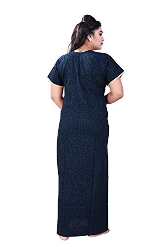 Zairra Women’s Printed Cotton Maxi Nighty – Deep Blue with Traditional Yoke Print
