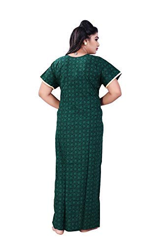 Zairra Embroidered Cotton Maxi Nightgown for Women – Dark Green with Red Thread Embroidery, Free Size