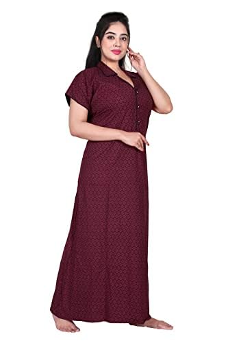 Zairra Stylish Cotton Nightwear for Women and Girls – Maroon with Shirt Collar Design