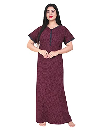 Zairra Women’s Printed Cotton Maxi Nightgown – Mehroon with Front Zipper (Free Size)