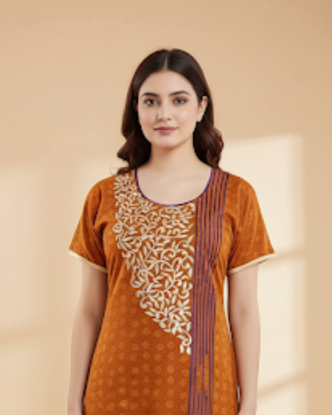 Zairra Women’s Embroidered Cotton Maxi Nightgown – Rust Orange Ethnic Charm