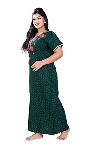 Zairra Embroidered Cotton Maxi Nightgown for Women – Dark Green with Red Thread Embroidery, Free Size