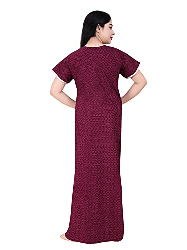 Zairra Women’s Cotton Printed Maxi Nightgown – Maroon with Blue Embroidered Yoke (Free Size, Zipper Closure)