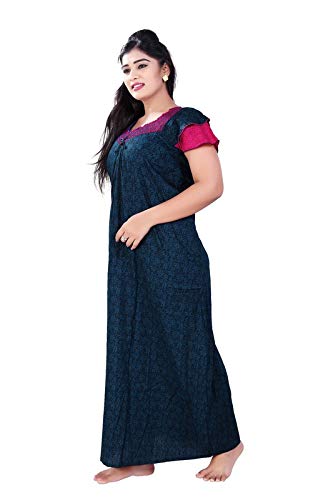 Zairra Embroidered Cotton Full-Length Nightgown for Women – Blue with Magenta Yoke and Frill Sleeves, Free Size