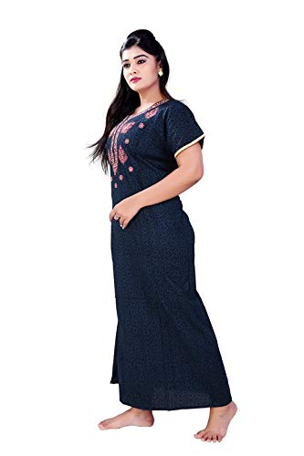 Zairra Women’s Printed Cotton Maxi Nighty – Deep Blue with Traditional Yoke Print