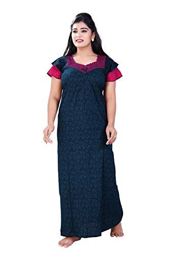Zairra Embroidered Cotton Full-Length Nightgown for Women – Blue with Magenta Yoke and Frill Sleeves, Free Size