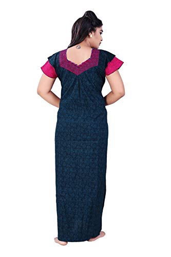 Zairra Embroidered Cotton Full-Length Nightgown for Women – Blue with Magenta Yoke and Frill Sleeves, Free Size