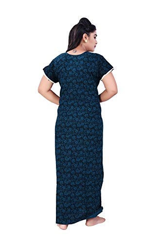 Zairra Embroidered Multicolour Printed Cotton Nightgown – Navy Blue with Pink Embroidered Yoke, Free Size