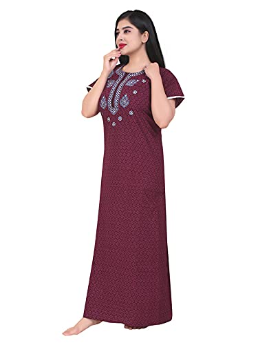 Zairra Women’s Cotton Printed Maxi Nightgown – Maroon with Blue Embroidered Yoke (Free Size, Zipper Closure)