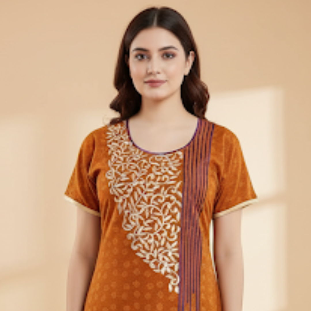 Zairra Women’s Embroidered Cotton Maxi Nightgown – Rust Orange Ethnic Charm