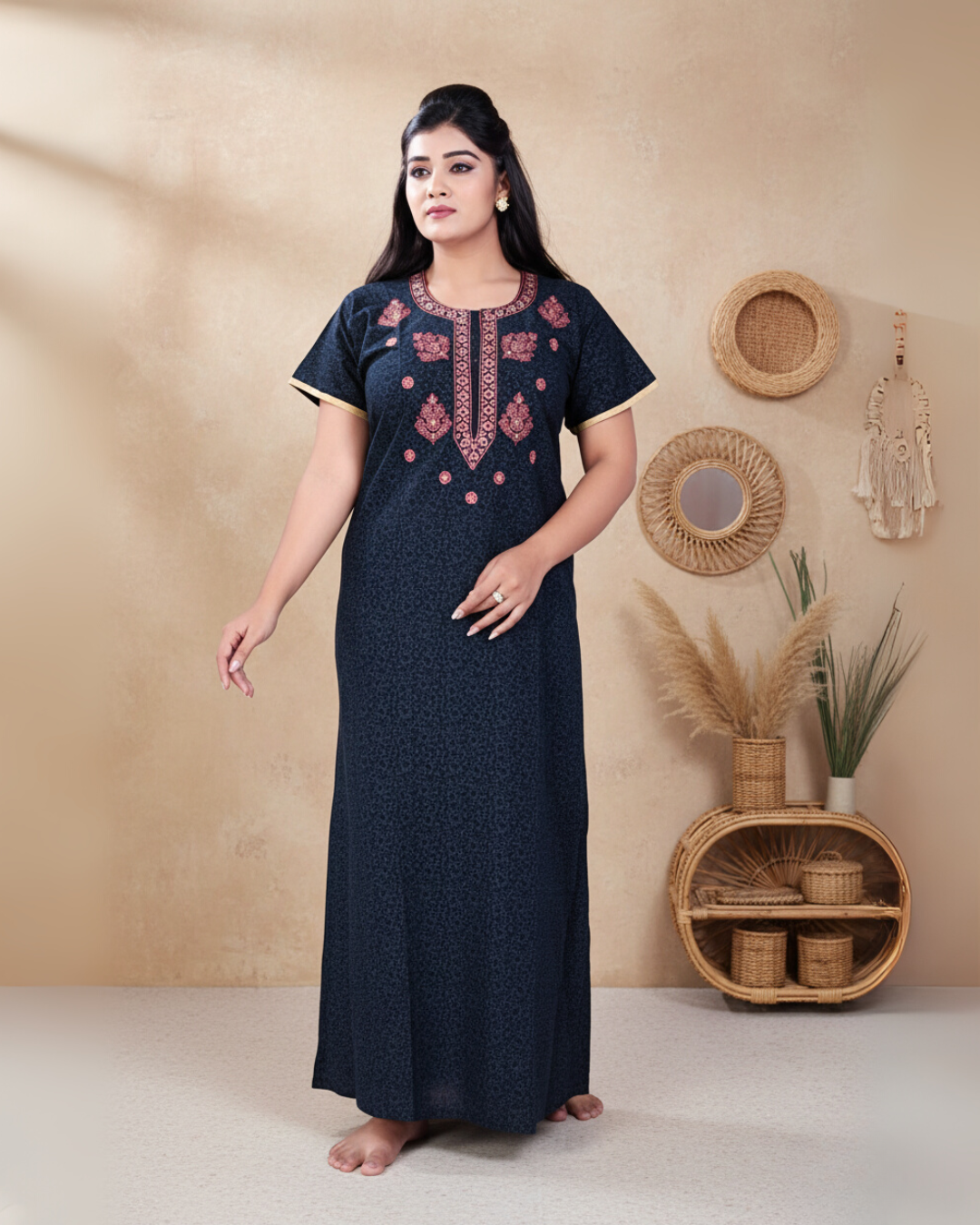Zairra Women’s Printed Cotton Maxi Nighty – Deep Blue with Traditional Yoke Print