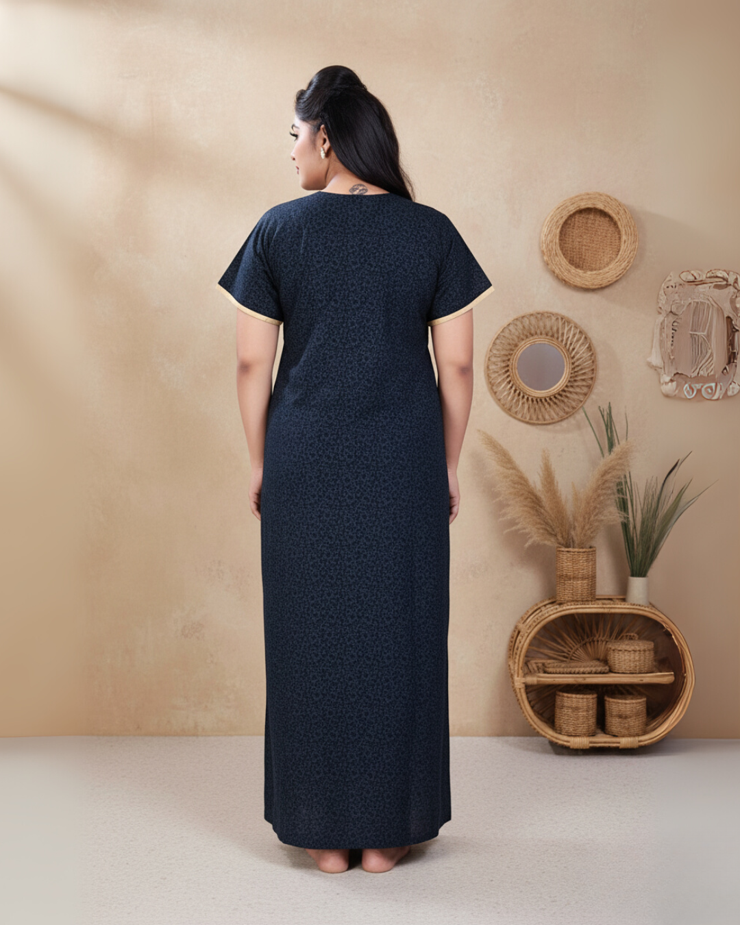 Zairra Women’s Printed Cotton Maxi Nighty – Deep Blue with Traditional Yoke Print