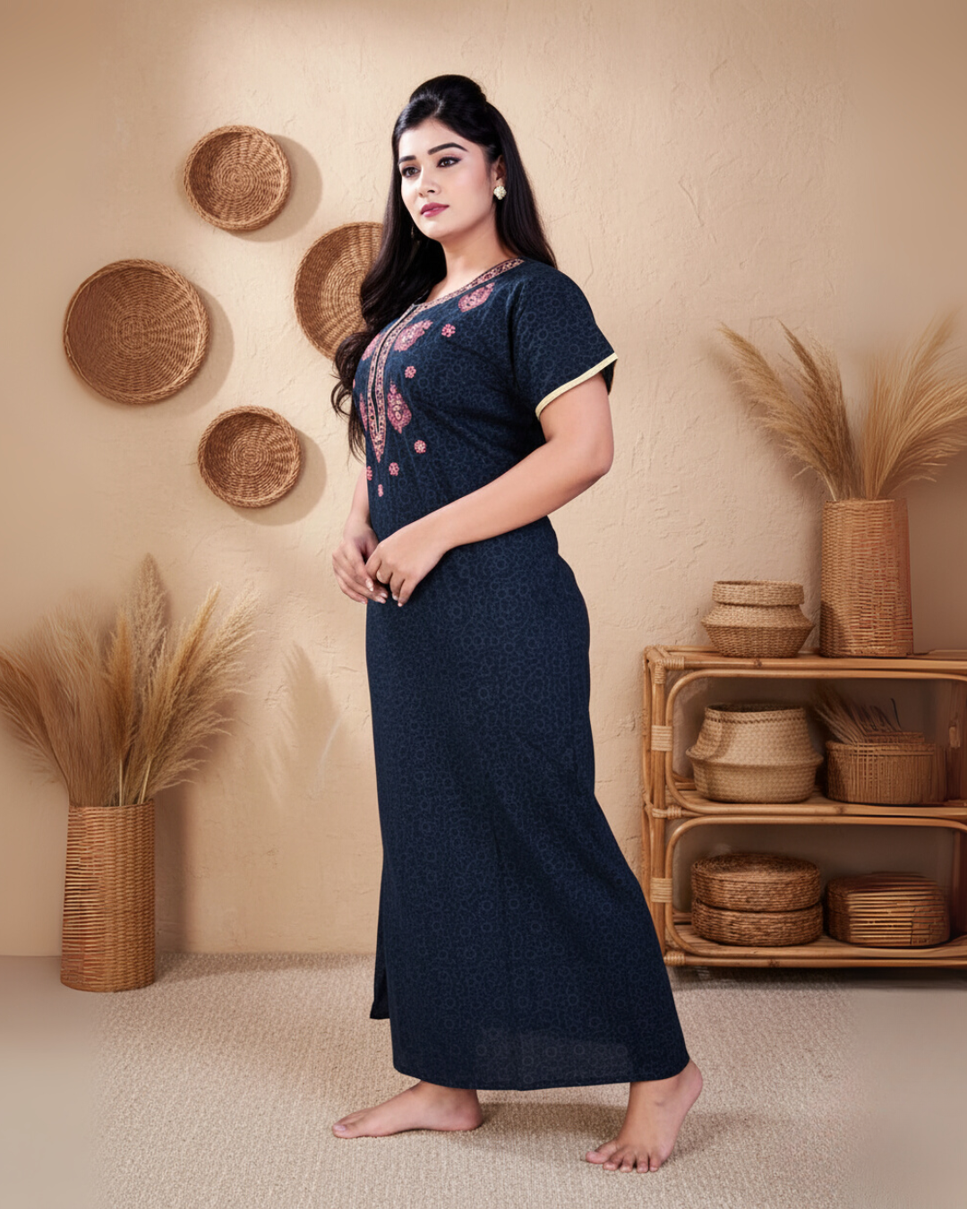 Zairra Women’s Printed Cotton Maxi Nighty – Deep Blue with Traditional Yoke Print