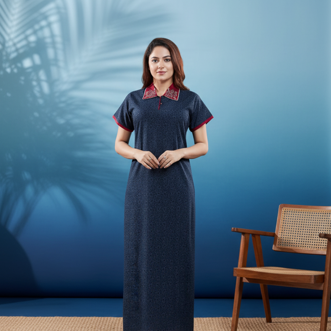 Zairra Women’s Solid Cotton Maxi Nightgown – Navy Blue with Contrast Embroidered Collar