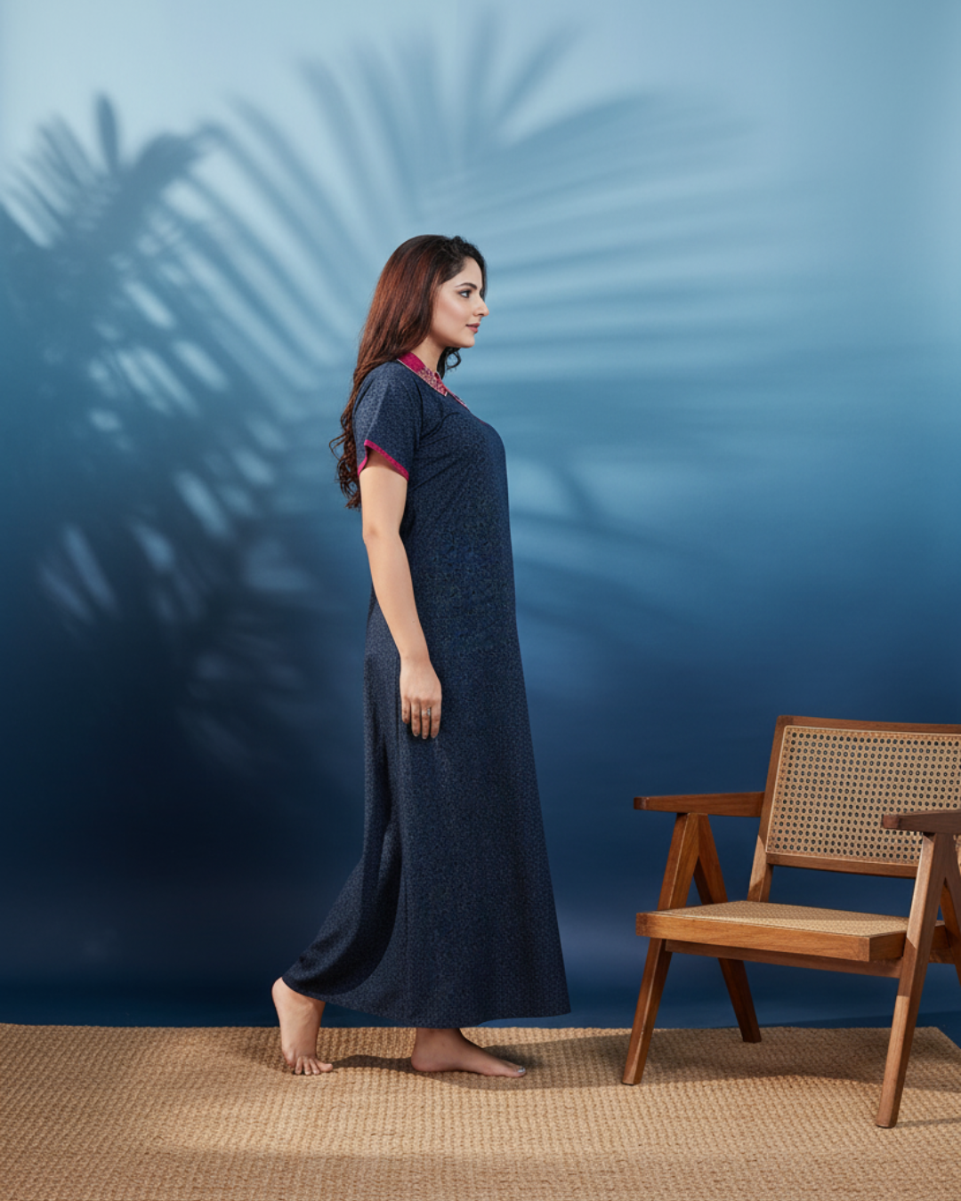 Zairra Women’s Solid Cotton Maxi Nightgown – Navy Blue with Contrast Embroidered Collar