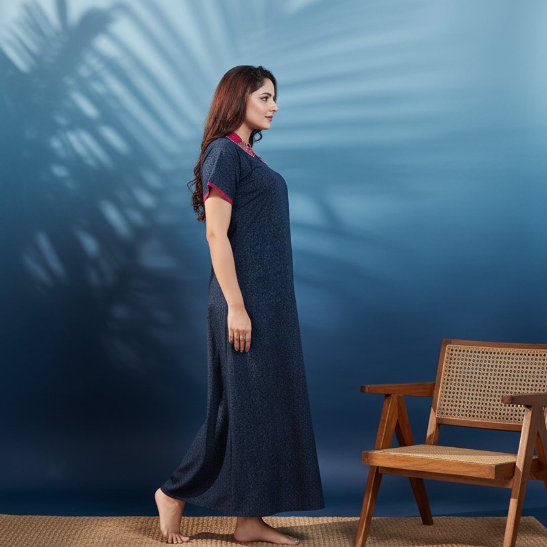 Zairra Women’s Solid Cotton Maxi Nightgown – Navy Blue with Contrast Embroidered Collar