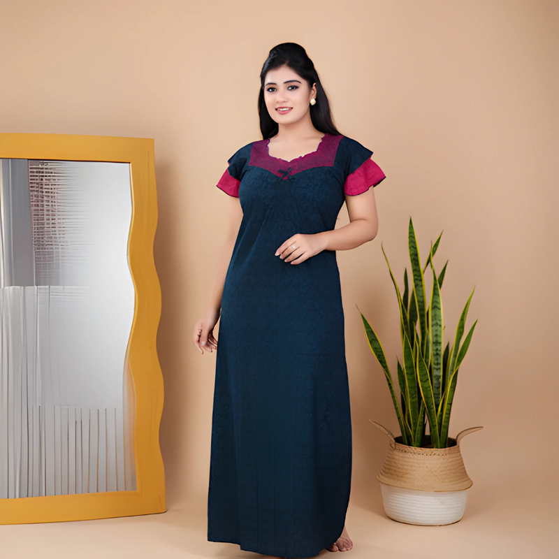 Zairra Embroidered Cotton Full-Length Nightgown for Women – Blue with Magenta Yoke and Frill Sleeves, Free Size
